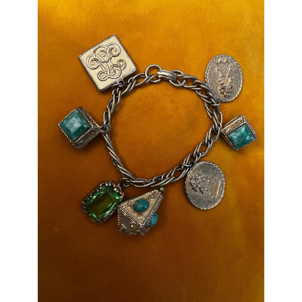 Vintage 1960’s Bracelet Large Charm Bracelet with Green faceted stones & Coins - Picture 2 of 4